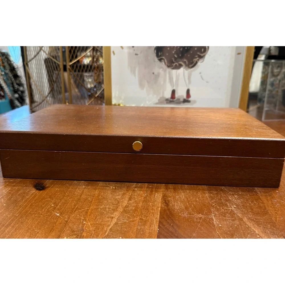 Vintage Wood Jewelry Box Made in Japan Blue Velvet Lining Ring Roll Organizer
